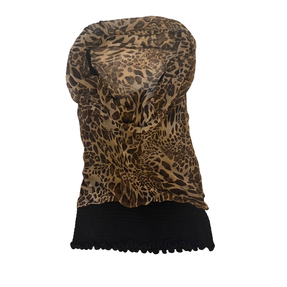 Cache Silk Leopard Print Cowl Neck Blouse Smocked Hem Brown‎ Black Medium